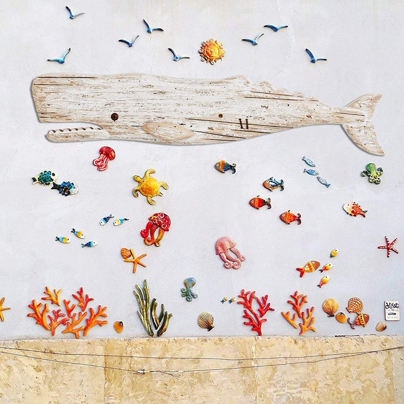 Wooden Fish Wall Decor-Rustic Nautical Handcrafts Whale Sculpture Beach Theme