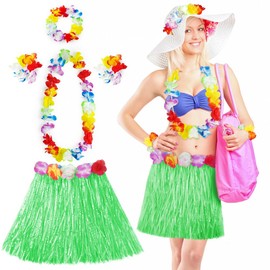 Aomig Hawaiian Theme Party Costume Set Skirt, Hawaiian Grass Hula Skirt Sets, 40 cm Long Hawaiian Grass Skirt with Necklace Bracelets Hair Flower Grass Skirts for Cheerleading Beach Parties Easter (Green)