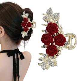 Rannyrena Flower Rhinestone Metal Hair Claw Clips for Women Camellia Floral Claw Clip Large Tulip Nonslip Strong Hold Hair Accessories for Thick Hair (Red Velvet Rose A)