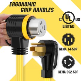 YOMILINK 10 Feet 50 Amp RV/Generator Cord, UL Listed, Locking Connector, NEMA 14-50P to SS2-50R Twist Locking, Newly Designed 90°Grip Handle, 6/3+8/1 Gauge STW Wire