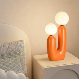 SIMEESO Modern Orange Cactus Shape 2 Lights Table Lamp Mushroom White Milk Globe Glass Table Light Cute Dimmable Resin Light Fixtures for Bedroom Living Room Children’s Room Kid’s Room Corner