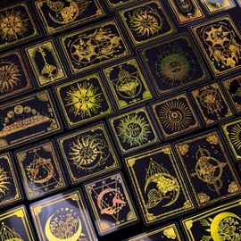 NICENEEDED 90 PCS Golden Holographic Astrology Stickers, Transparent Laser Sticker Set for DIY Crafts, Shiny Moon Decals for Scrapbooking Journal Laptops Gift Wraps