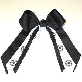 Sublimation Specialties Soccer Hair Bow - Made in The USA, Black, White Pony Band