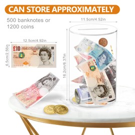 Viitech Clear Piggy Bank, 12 x 16cm Must Break to Open Acrylic Piggy Bank, Cylindrical Transparent Acrylic Money Saving Box for Budget and Save, Coin and Cash