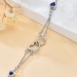Shusukue Heart Bracelet Women's 925 Sterling Silver Double Heart Bracelet Blue Zircon Heart Bracelets Adjustable Bracelet Birthday Christmas Gift for Women Girlfriend, Sterling Silver, Cubic Zirconia