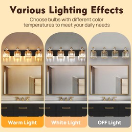 Modern Bathroom Vanity Light, 4-Light Black Gold Bathroom Lighting Fixtures Over Mirror, 28.4" Crystal Wall Light Sconce for Bathroom/Bedroom/Vanity, Includes LED Bulbs, Easy Installation