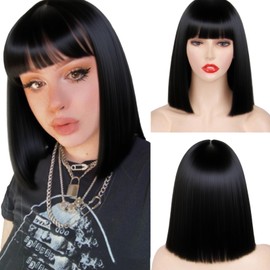 Bob Wig, Straight Black Wig Women, Synthetic Heat Resistant Straight Full Wigs with Neat, Wig for Women, Black Wig for Fibre Party, Cosplay Costume, Daily (Black)