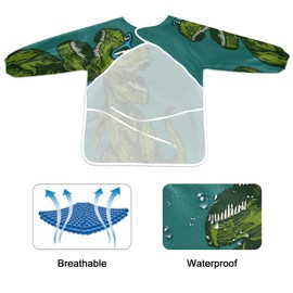 xigua Green Dinosaur Glasses Kids Art Smocks,Waterproof Artist Painting Aprons for For Dining, Playing, Painting for Age 2-6Years