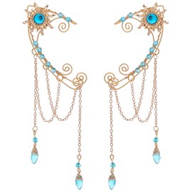 FRESHME Elf Ear Cuffs - Fairy Ears Renaissance Accessories Renfaire Costume Adult Women Non Pierced Elven Ear Wrap with Sun Design and Blue Crystal Fantasy Dress Up Cosplay Fairycore Accessories