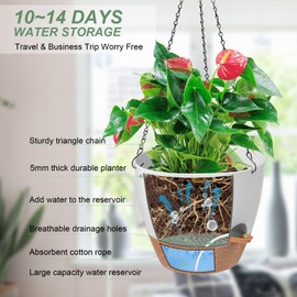 Vanslogreen 12 Inch Hanging Planters for Indoor Plants, Large Hanging Planter Self Watering Pots with Drainage Holes, Hanging Baskets Plant Pots for Home, Garden, 1 Pack (White)