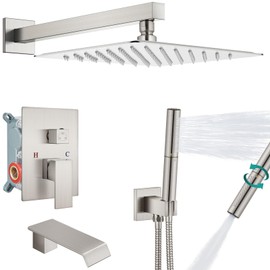 Aolemi 10 Inch Rainfall Shower Tub Faucet Set Wall Mount,Tub and Shower Faucet Combo,Shower System,with 2 in 1 Handheld Sprayer,Rough-in Valve,with Curved Spout,Brushed Nickel