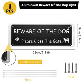 Beware of The Dog Sign - 1 Pack Please Close The Gate Sign, Aluminium Metal Dog Warning Sign, Pre-Drilled, Rustproof, UV Protected - with Zip Ties & Screws for Outdoor Gate Wall - 3.5'' × 9.8''