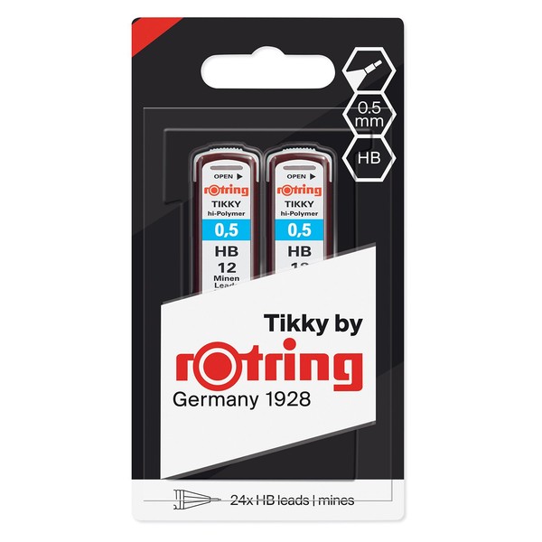 rOtring Tikky Mechanical Pencil Lead Refills | 0.5mm, BB | 2 x 12 Hi-Polymer Leads (24 leads)