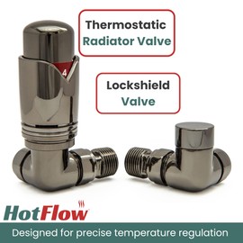 Hot Flow Black Nickel Marella 3 Modern Thermostatic Radiator Valve Corner TRV. Includes Corner TRV Body, Wheel Head & Lock Shield for Quick & Easy Temperature Control.