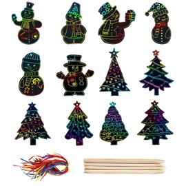 Pack of 48 Christmas Scratch Pictures for Children, Craft Set Christmas Rainbow Scratch Pictures with Wooden Pens and 48 Ribbons - Small Gifts Advent Calendar Filling Contents Children