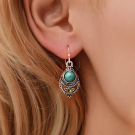 Wendalern Boho Turquoise Tribal Earrings Vintage Rhinestone Dangle Drop Earrings Hollow Carved Flower Earrings Silver Hypoallergenic Earrings Jewellery for Women and Teenagers Girls