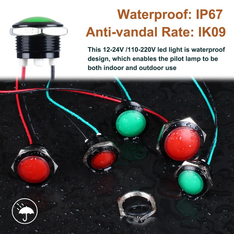 2PCS 16mm Metal Indicator Light, 12-24V AC/DC 20mA Waterproof IP67