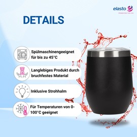 Wine Cup 350 ml 'Vinova' – Double-Walled Stainless Steel Cup Keeps Drinks Cold for a Long Time – Drinking Cup with Lid and Straw – Cup as a Perfect Gift Idea for Summer, Colour: Black