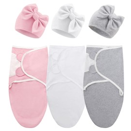 DRESHOW 3 Pack Newborn Swaddle Blanket with Hats Baby Swaddles Infant Adjustable Sleep Sack for 0-3 Months Girls Boys