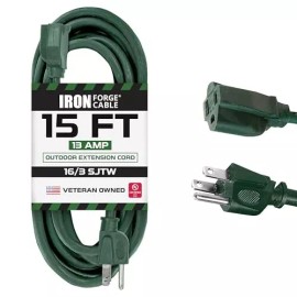 IRON FORGE CABLE 15 Foot Outdoor Extension Cord - 16/3 SJTW Durable Green 3 Prong Grounded Plug