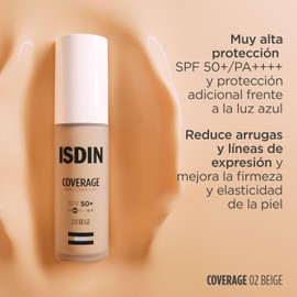 ISDIN Coverage Tono 2 Beige, Base de maquillaje de Alta Protección, Unifica el tono de la piel, disimula imperfecciones y protege contra la radiación UVB/UVA y luz azul. Incorpora activos antiedad (A.G.E. Protect Active) para reducir arrugas y mejorar la 