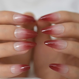 ELEVENAIL Medium Length Almond Press on False Nails Red Gradient French Fake Nails Salon Manicure Reusable Nails Art Tips DIY at home