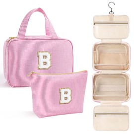 YOOLIFE Hanging Toiletry Bag for Women - Portable Makeup and Travel Bag, Cruise Ship Essentials - Letter B, Pink