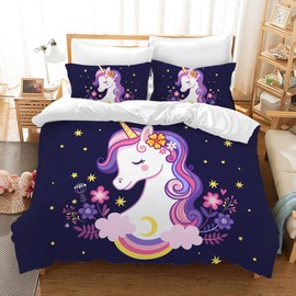 PQCXXA Children's Unicorn Bed Linen Set Girls Bedding Set Pink 3D Cartoon Unicorn Colourful Flower Print Duvet Cover Set with Zip and Pillowcase 50 x 75 cm (135 x 200 cm, G)