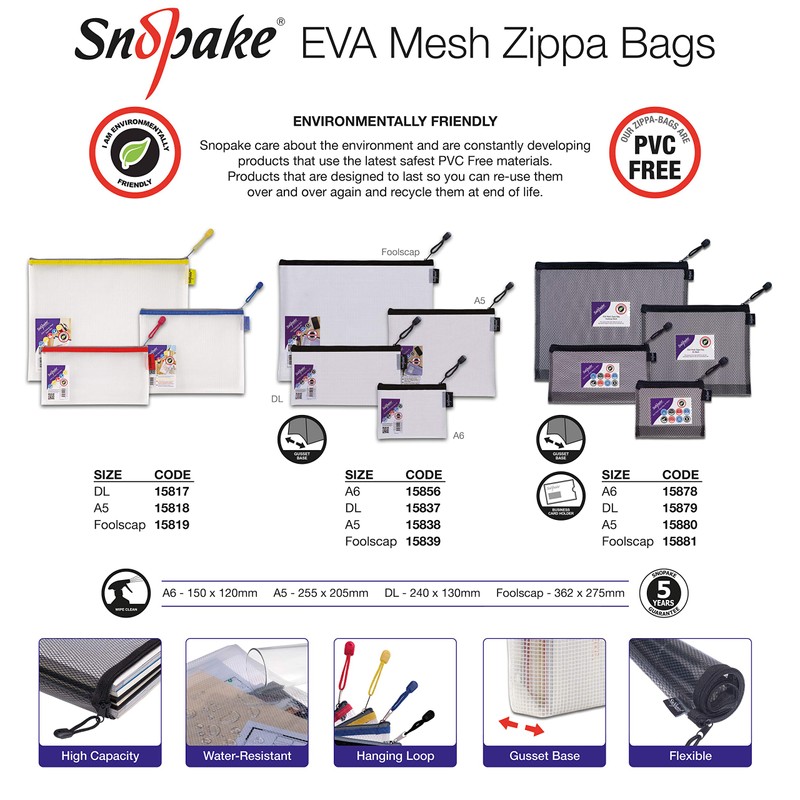 Snopake Foolscap High Capacity EVA Mesh Zippa-Bag [Pack of 3]