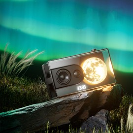 AIMHON Moon Night Light Bluetooth Speaker with LED Display, Dual Speakers, Digital Clock, White and Black (Black)