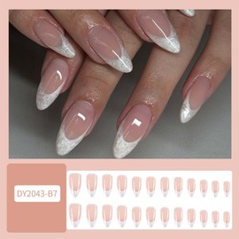 French Tip Press On Nails Medium Almond Fake Nails Nude False Nails With Marbling Design Full Cover Acrylic Glue On Nail Artificial Reusable Stick On Nail For Women DIY Manicure Decorations 24 Pcs