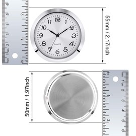 2-1/8 Inch (55 mm) Quartz Clock Insert, Zinc-Alloy Metal Case, Arabic Numeral, White Face (Silver)