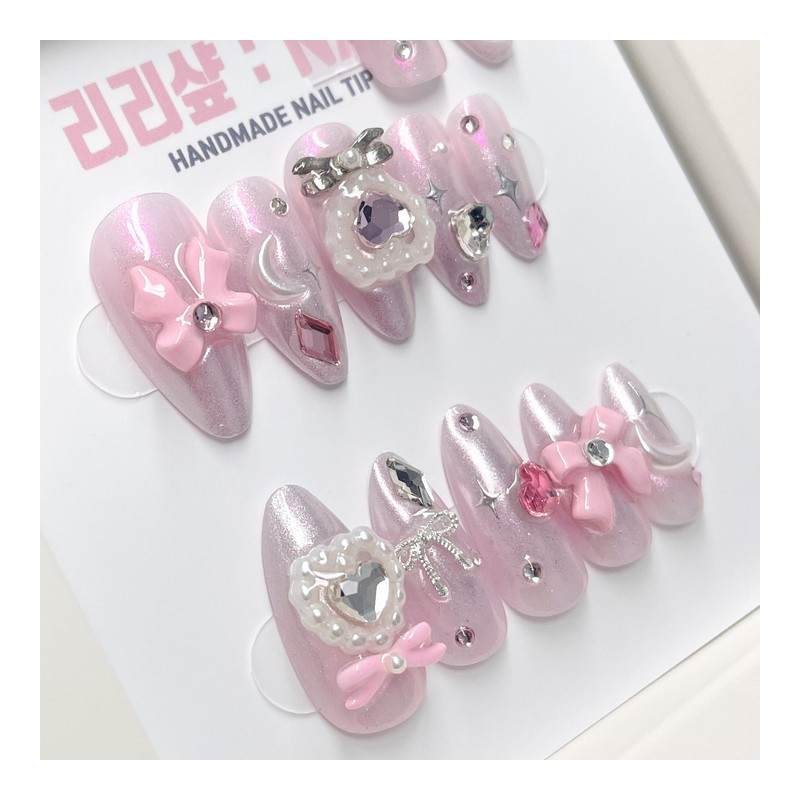 Metallic Pink Beam Handmade Nail Tips - Oval / 메탈릭