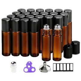 PrettyCare Set of 24, 10 ml Amber Glass Roller Bottles for Essential Oil with Stainless Steel Roller Ball - Refillable Leak-proof Empty Roll on Bottles with Black Caps for Travel, Perfume,Lab