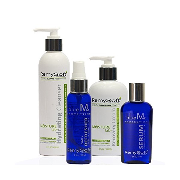 RemySoft Moisturelab Deluxe System - Safe for Hair Extensions, Weaves and Wigs ***FREE TRAVEL SET*** Salon Formula Shampoo, Conditioner & Serum - Gentle Sulfate-free Lather