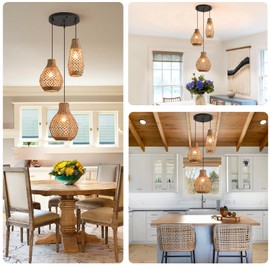 LHJIHFU 3-Lights Hand Woven Rattan Pendant Light, Rustic Ceiling Hanging Wicker Pendant Light Fixture for Kitchen Island Dining Room Farmhouse