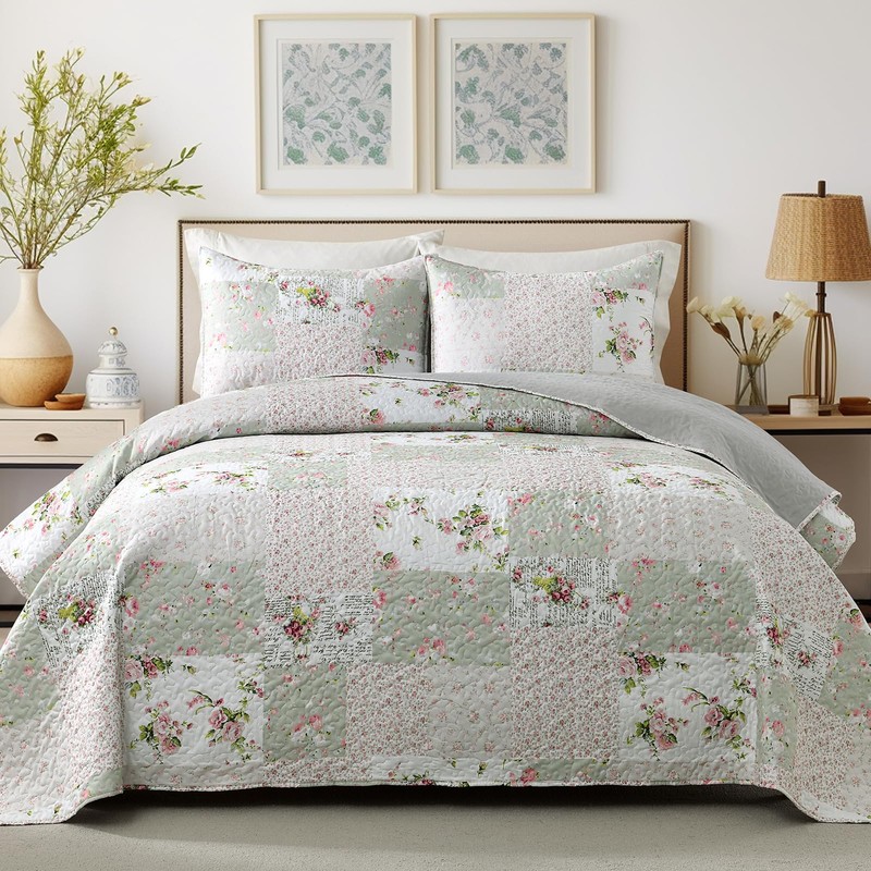 HIARUO Quilt Set Queen Size 3 Pieces Floral Patchwork Comforter