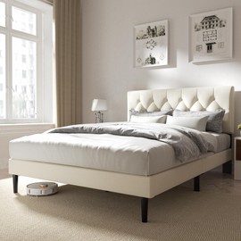 Full Size Platform Bed Frame with Velvet Upholstered Headboard, Button Tufted Design, No Box Spring Needed, Beige
