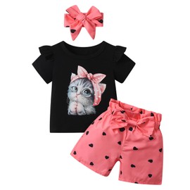 Toddler Girl Summer Outfit Short Sleeve Cute Cat Love Print T-Shirts Tops and Shorts Bowknot Headband Set Black 3-4T