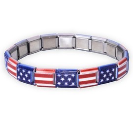 Fablinks Italian Charm USA Bracelet, American Flag Bracelets for Women, 9mm Stainless Steel Stretch Link Bracelets, Expandable Modular Country Nation Nomination Jewelry (USA)
