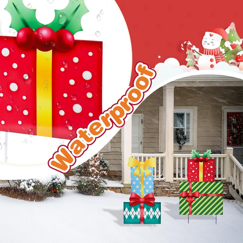 Christmas Outdoor Decor Stake,41.5" Metal Xmas Box Yard Sign,4 Pack