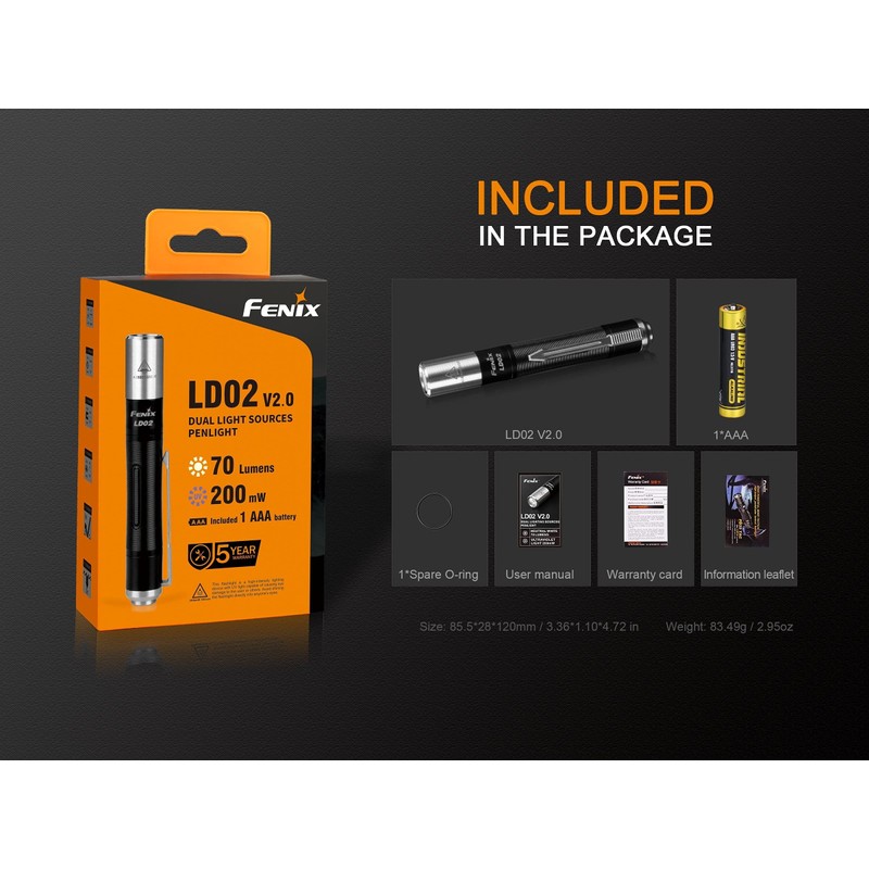 Fenix 09FN249 Unisex - Adult LD02 V2.0 Torch, Black, 9.2