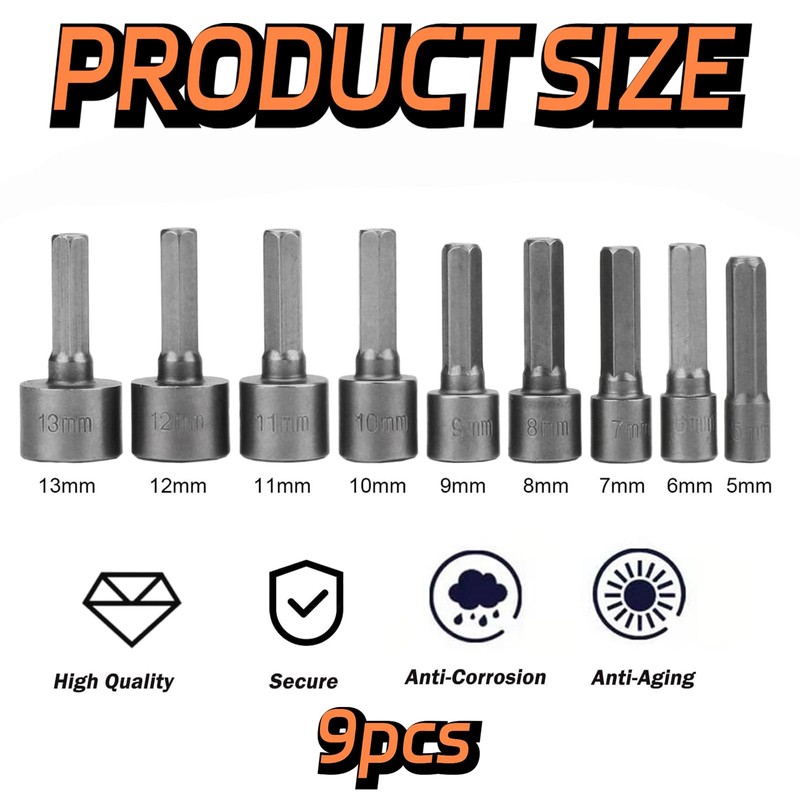Hex Drill Bits Tools, 9 Pcs 5-13mm Magnetic Hexagon Socket,