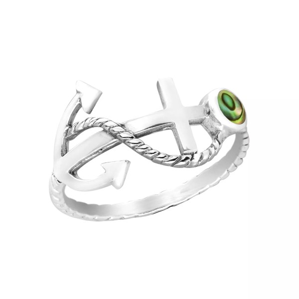 AeraVida Sideways Nautical Rope Anchor Abalone Sterling Silver Ring-8