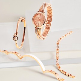 TIME100 Women's Bangle Watch and Rose Gold Watch Chain Bracelets Premium Crystal Accented Bracelet Set