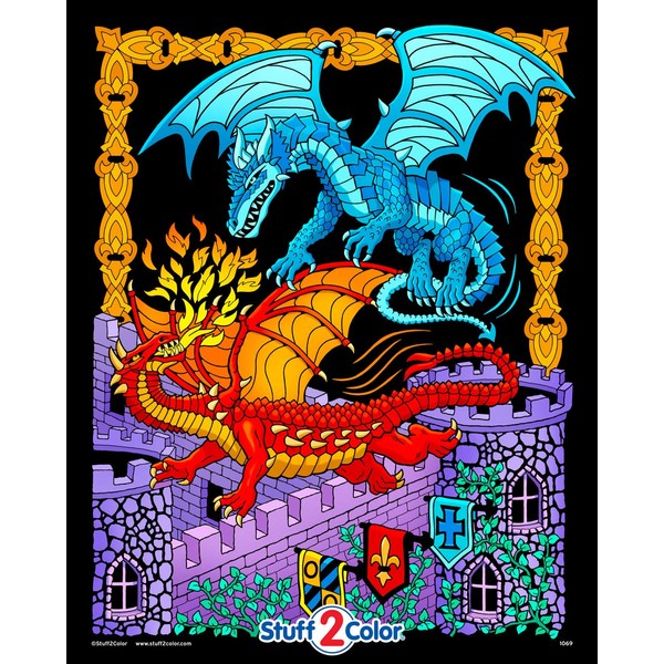 Dueling Dragons - Fuzzy Velvet Coloring Poster for Kids and Adults (Arrives Uncolored) - Great for Arts and Crafts Projects