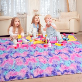 Keeko Fluffy Rainbow Area Rugs for Girls Room 6x9, Shag Colorful Bedroom Bedside Rug Soft Cute Princess Rug Fuzzy Large Carpet for Kids Teen Girl Boy Toddler Nursery Living Room Decor Hot Pink