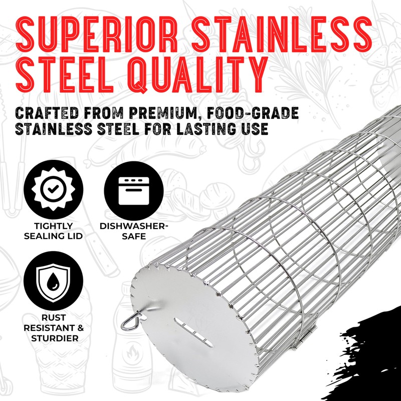 Rolling Grill Basket, New Opening Design, Extra Sturdy Cylinder Grilling