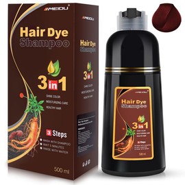 MEIDU 3 in 1 Black Hair Dye Shampoo - Herbal Ingredients Can cover gray hairs, Contains Ginseng Extract, Natural Haircoloring:_Wine Red