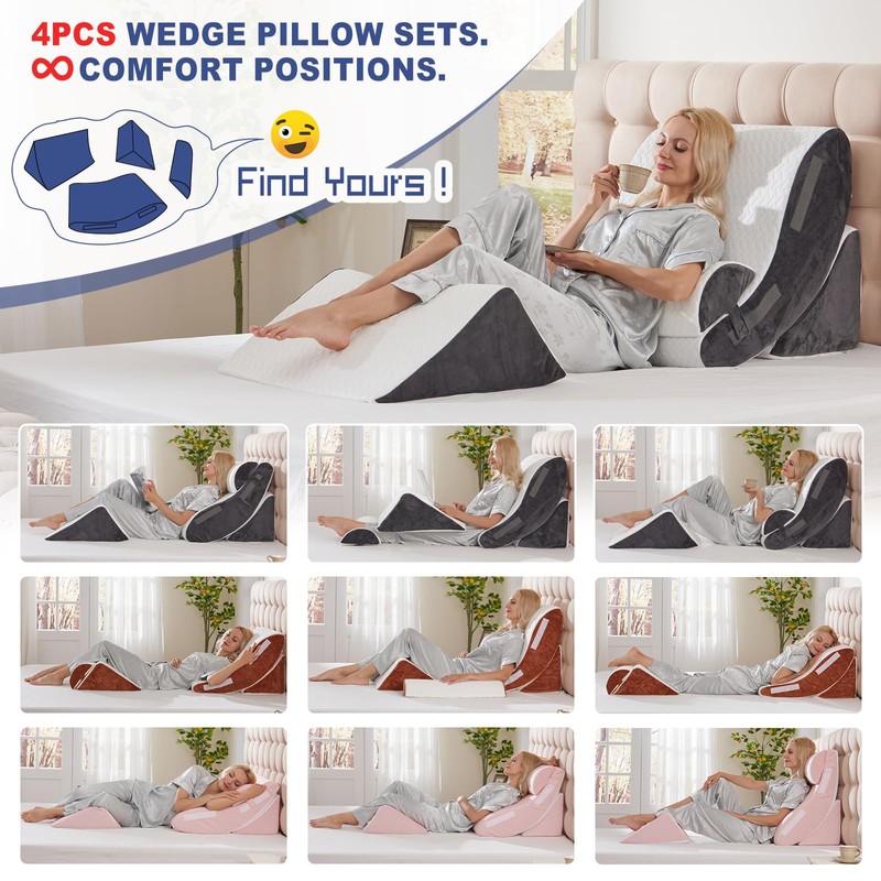 WSOFRLAC Orthopedic Bed Wedge Pillow Set 4PCS – Memory Foam